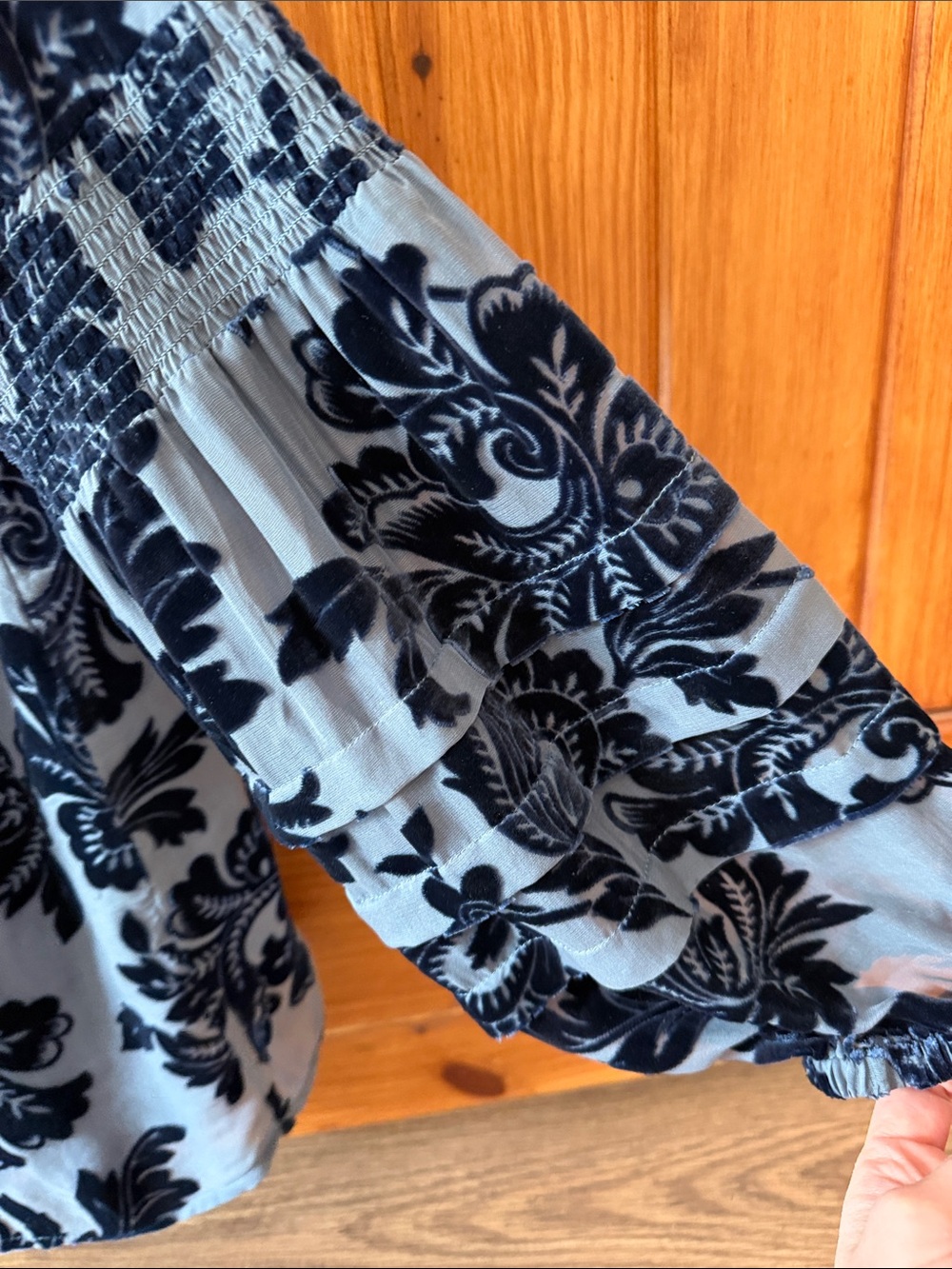 Sundance Boho Floral Burnout Velvet Top Silk Blend Bell Sleeves Blue, medium - Picture 6 of 10
